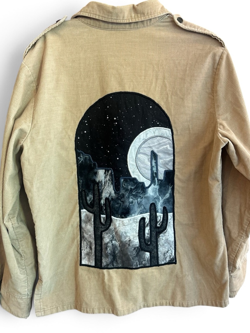Men's Upcycled Tan Corduroy Button-Down Shirt with Desert Nightback Patch  L